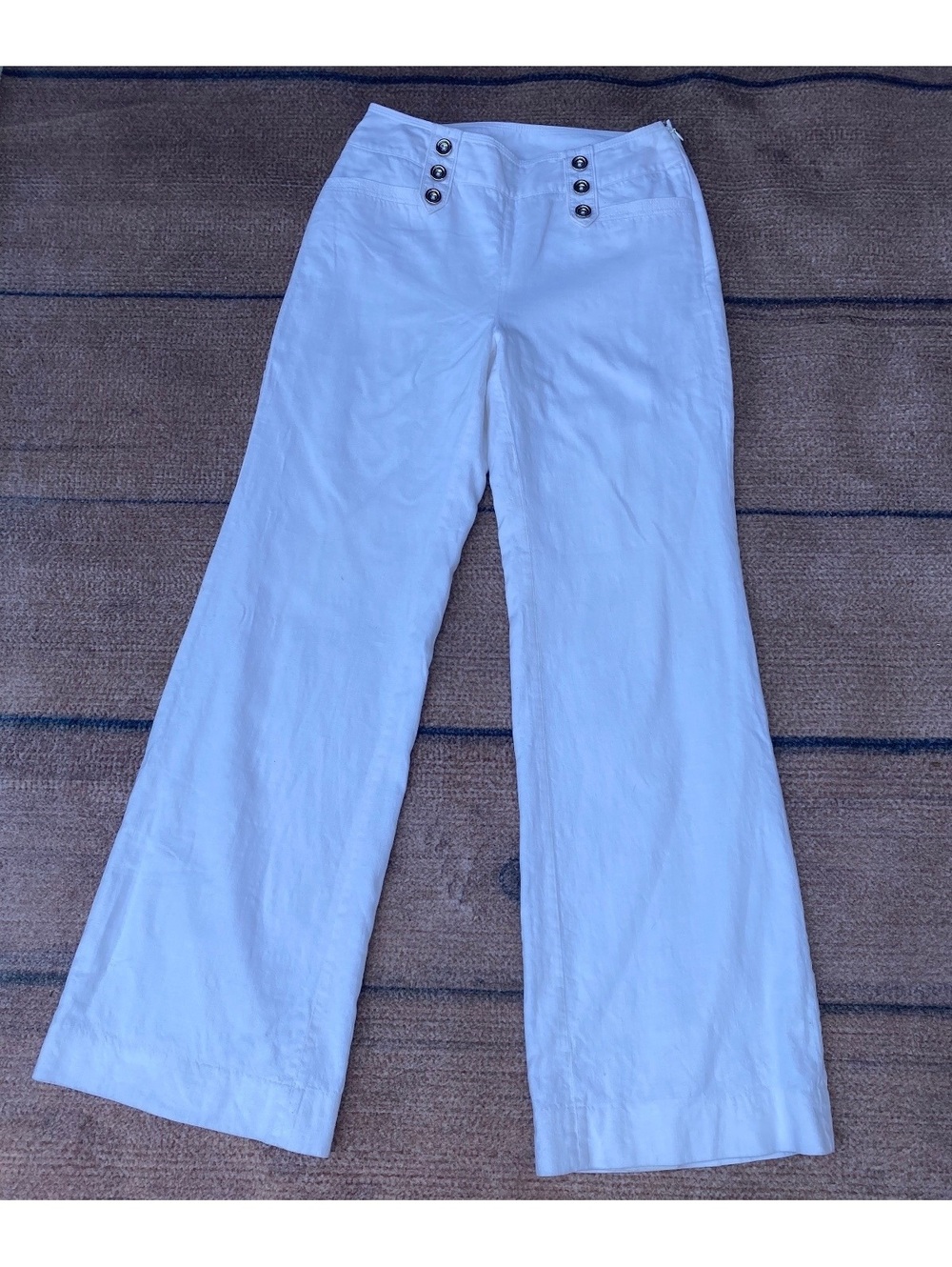 Wide leg sailor front linen blend coastal fisherman nautical lined white pants S